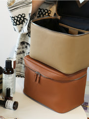 Luxury Full Grain Leather Cosmetic Purse with Mirror | Makeup Organizer & Travel Cosmetic Bag with Handle | Toiletry Case for Women & Men