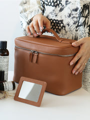 Luxury Full Grain Leather Cosmetic Purse with Mirror | Makeup Organizer & Travel Cosmetic Bag with Handle | Toiletry Case for Women & Men