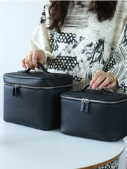 Luxury Full Grain Leather Cosmetic Purse with Mirror | Makeup Organizer & Travel Cosmetic Bag with Handle | Toiletry Case for Women & Men