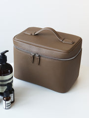 Luxury Full Grain Leather Cosmetic Purse with Mirror | Makeup Organizer & Travel Cosmetic Bag with Handle | Toiletry Case for Women & Men