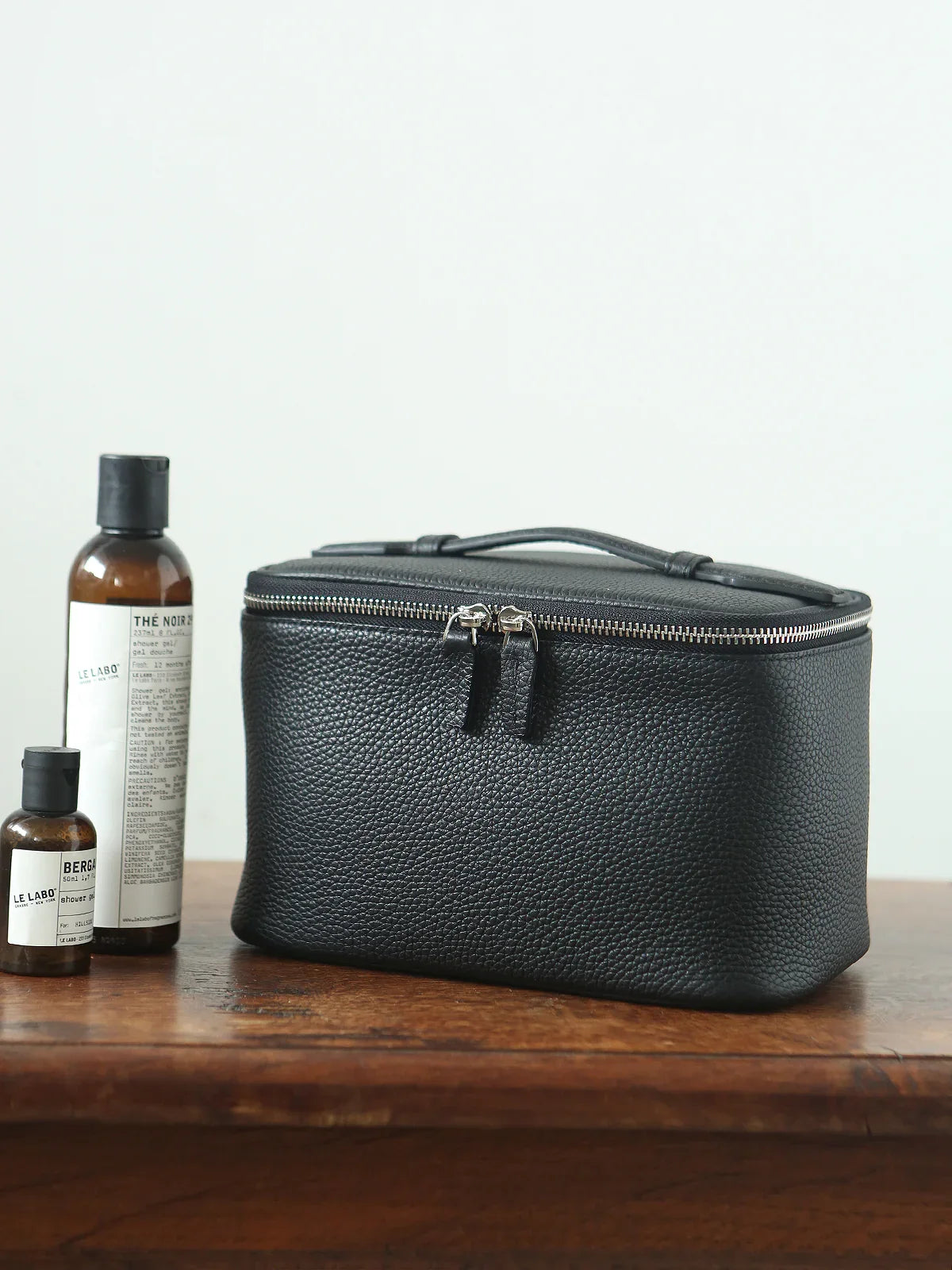 Luxury Full Grain Leather Cosmetic Purse with Mirror | Makeup Organizer & Travel Cosmetic Bag with Handle | Leather Toiletry Bag for Women & Men