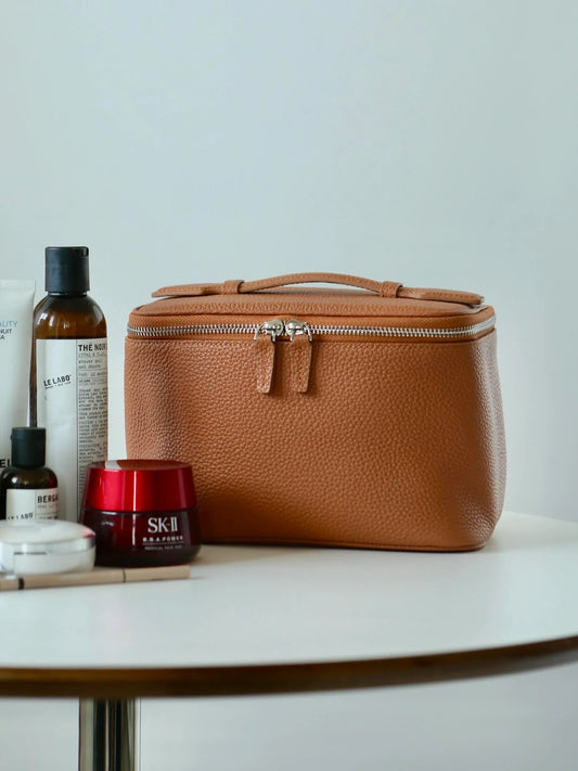 Luxury Full Grain Leather Cosmetic Purse with Mirror | Makeup Organizer & Travel Cosmetic Bag with Handle | Leather Toiletry Bag for Women & Men
