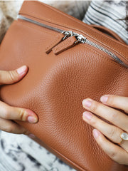 Luxury Full Grain Leather Cosmetic Purse with Mirror | Makeup Organizer & Travel Cosmetic Bag with Handle | Toiletry Case for Women & Men