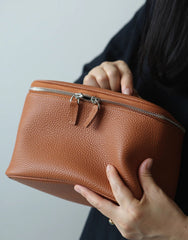 Luxury Full Grain Leather Cosmetic Purse with Mirror | Makeup Organizer & Travel Cosmetic Bag with Handle | Toiletry Case for Women & Men