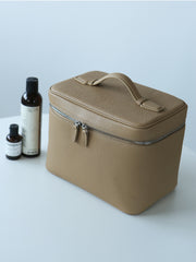 Luxury Full Grain Leather Cosmetic Purse with Mirror | Makeup Organizer & Travel Cosmetic Bag with Handle | Toiletry Case for Women & Men