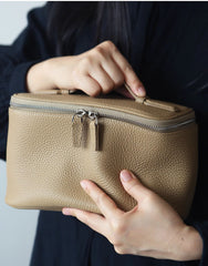 Luxury Full Grain Leather Cosmetic Purse with Mirror | Makeup Organizer & Travel Cosmetic Bag with Handle | Toiletry Case for Women & Men