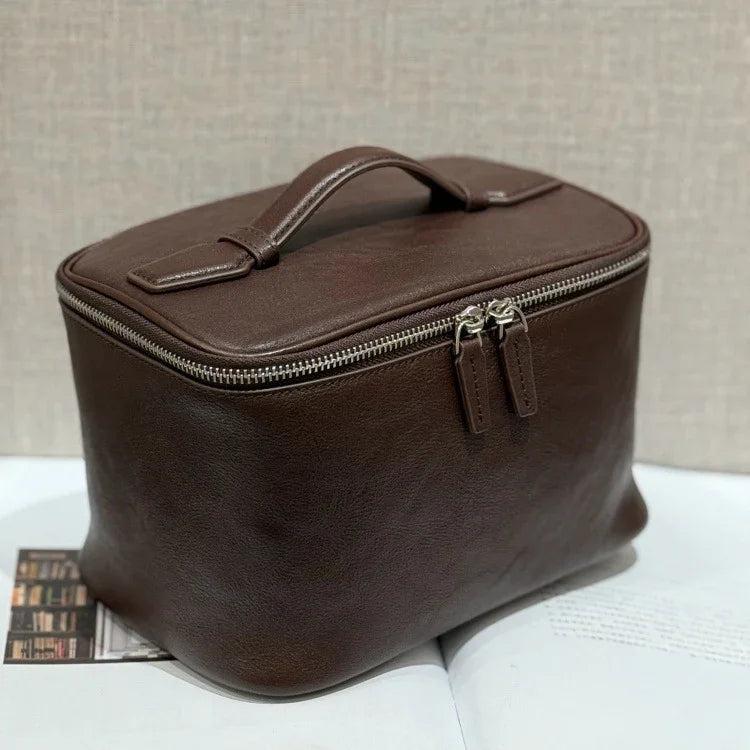 Luxury Full Grain Leather Cosmetic Purse with Mirror | Makeup Organizer & Travel Cosmetic Bag with Handle | Leather Toiletry Bag for Women & Men