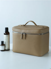 Luxury Full Grain Leather Cosmetic Purse with Mirror | Makeup Organizer & Travel Cosmetic Bag with Handle | Toiletry Case for Women & Men