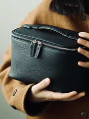 Luxury Full Grain Leather Cosmetic Purse with Mirror | Makeup Organizer & Travel Cosmetic Bag with Handle | Toiletry Case for Women & Men