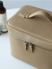 Luxury Full Grain Leather Cosmetic Purse with Mirror | Makeup Organizer & Travel Cosmetic Bag with Handle | Toiletry Case for Women & Men