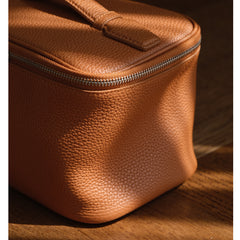 Luxury Full Grain Leather Cosmetic Purse with Mirror | Makeup Organizer & Travel Cosmetic Bag with Handle | Toiletry Case for Women & Men