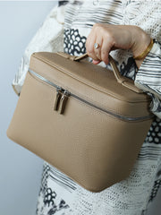 Luxury Full Grain Leather Cosmetic Purse with Mirror | Makeup Organizer & Travel Cosmetic Bag with Handle | Toiletry Case for Women & Men