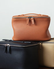 Luxury Full Grain Leather Cosmetic Purse with Mirror | Makeup Organizer & Travel Cosmetic Bag with Handle | Toiletry Case for Women & Men