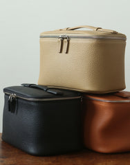 Luxury Full Grain Leather Cosmetic Purse with Mirror | Makeup Organizer & Travel Cosmetic Bag with Handle | Toiletry Case for Women & Men