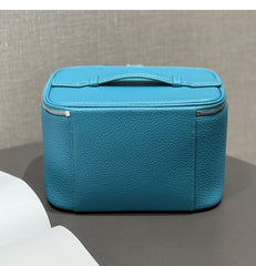 Luxury Full Grain Leather Cosmetic Purse with Mirror | Makeup Organizer & Travel Cosmetic Bag with Handle | Toiletry Case for Women & Men