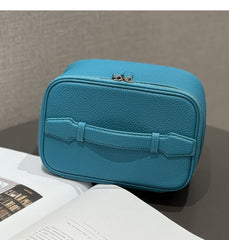 Luxury Full Grain Leather Cosmetic Purse with Mirror | Makeup Organizer & Travel Cosmetic Bag with Handle | Toiletry Case for Women & Men