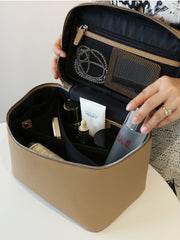 Luxury Full Grain Leather Cosmetic Purse with Mirror | Makeup Organizer & Travel Cosmetic Bag with Handle | Toiletry Case for Women & Men