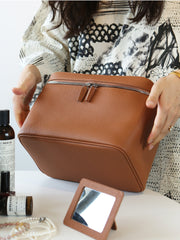 Luxury Full Grain Leather Cosmetic Purse with Mirror | Makeup Organizer & Travel Cosmetic Bag with Handle | Toiletry Case for Women & Men