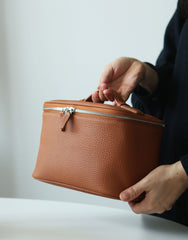 Luxury Full Grain Leather Cosmetic Purse with Mirror | Makeup Organizer & Travel Cosmetic Bag with Handle | Toiletry Case for Women & Men