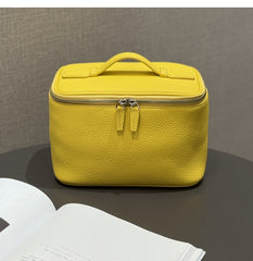 Luxury Full Grain Leather Cosmetic Purse with Mirror | Makeup Organizer & Travel Cosmetic Bag with Handle | Toiletry Case for Women & Men