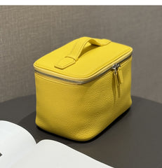 Luxury Full Grain Leather Cosmetic Purse with Mirror | Makeup Organizer & Travel Cosmetic Bag with Handle | Toiletry Case for Women & Men