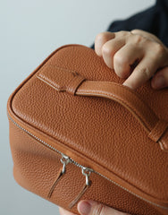 Luxury Full Grain Leather Cosmetic Purse with Mirror | Makeup Organizer & Travel Cosmetic Bag with Handle | Toiletry Case for Women & Men