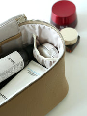 Luxury Full Grain Leather Cosmetic Purse with Mirror | Makeup Organizer & Travel Cosmetic Bag with Handle | Toiletry Case for Women & Men