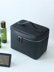 Luxury Full Grain Leather Cosmetic Purse with Mirror | Makeup Organizer & Travel Cosmetic Bag with Handle | Toiletry Case for Women & Men