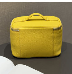 Luxury Full Grain Leather Cosmetic Purse with Mirror | Makeup Organizer & Travel Cosmetic Bag with Handle | Toiletry Case for Women & Men