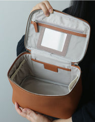 Luxury Full Grain Leather Cosmetic Purse with Mirror | Makeup Organizer & Travel Cosmetic Bag with Handle | Toiletry Case for Women & Men