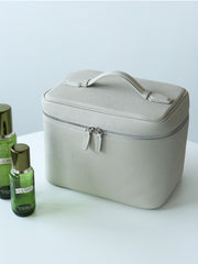 Luxury Full Grain Leather Cosmetic Purse with Mirror | Makeup Organizer & Travel Cosmetic Bag with Handle | Toiletry Case for Women & Men