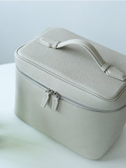 Luxury Full Grain Leather Cosmetic Purse with Mirror | Makeup Organizer & Travel Cosmetic Bag with Handle | Toiletry Case for Women & Men