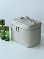 Luxury Full Grain Leather Cosmetic Purse with Mirror | Makeup Organizer & Travel Cosmetic Bag with Handle | Toiletry Case for Women & Men