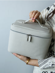 Luxury Full Grain Leather Cosmetic Purse with Mirror | Makeup Organizer & Travel Cosmetic Bag with Handle | Toiletry Case for Women & Men