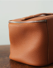 Luxury Full Grain Leather Cosmetic Purse with Mirror | Makeup Organizer & Travel Cosmetic Bag with Handle | Toiletry Case for Women & Men