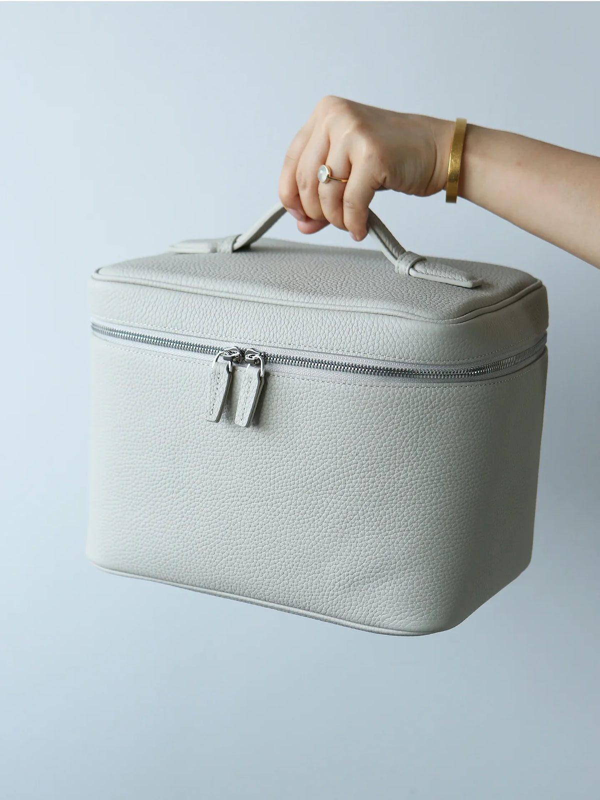 Luxury Full Grain Leather Cosmetic Purse with Mirror | Makeup Organizer & Travel Cosmetic Bag with Handle | Leather Toiletry Bag for Women & Men