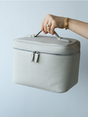 Luxury Full Grain Leather Cosmetic Purse with Mirror | Makeup Organizer & Travel Cosmetic Bag with Handle | Toiletry Case for Women & Men