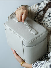 Luxury Full Grain Leather Cosmetic Purse with Mirror | Makeup Organizer & Travel Cosmetic Bag with Handle | Toiletry Case for Women & Men