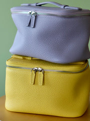 Luxury Full Grain Leather Cosmetic Purse with Mirror | Makeup Organizer & Travel Cosmetic Bag with Handle | Toiletry Case for Women & Men