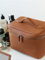 Luxury Full Grain Leather Cosmetic Purse with Mirror | Makeup Organizer & Travel Cosmetic Bag with Handle | Toiletry Case for Women & Men