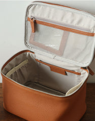 Luxury Full Grain Leather Cosmetic Purse with Mirror | Makeup Organizer & Travel Cosmetic Bag with Handle | Toiletry Case for Women & Men