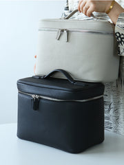 Luxury Full Grain Leather Cosmetic Purse with Mirror | Makeup Organizer & Travel Cosmetic Bag with Handle | Toiletry Case for Women & Men