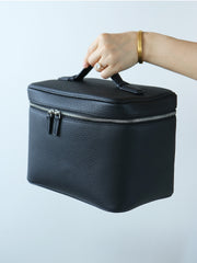 Luxury Full Grain Leather Cosmetic Purse with Mirror | Makeup Organizer & Travel Cosmetic Bag with Handle | Toiletry Case for Women & Men