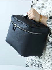 Luxury Full Grain Leather Cosmetic Purse with Mirror | Makeup Organizer & Travel Cosmetic Bag with Handle | Toiletry Case for Women & Men