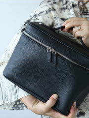 Luxury Full Grain Leather Cosmetic Purse with Mirror | Makeup Organizer & Travel Cosmetic Bag with Handle | Toiletry Case for Women & Men