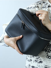 Luxury Full Grain Leather Cosmetic Purse with Mirror | Makeup Organizer & Travel Cosmetic Bag with Handle | Toiletry Case for Women & Men