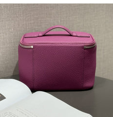 Luxury Full Grain Leather Cosmetic Purse with Mirror | Makeup Organizer & Travel Cosmetic Bag with Handle | Toiletry Case for Women & Men