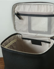 Luxury Full Grain Leather Cosmetic Purse with Mirror | Makeup Organizer & Travel Cosmetic Bag with Handle | Toiletry Case for Women & Men