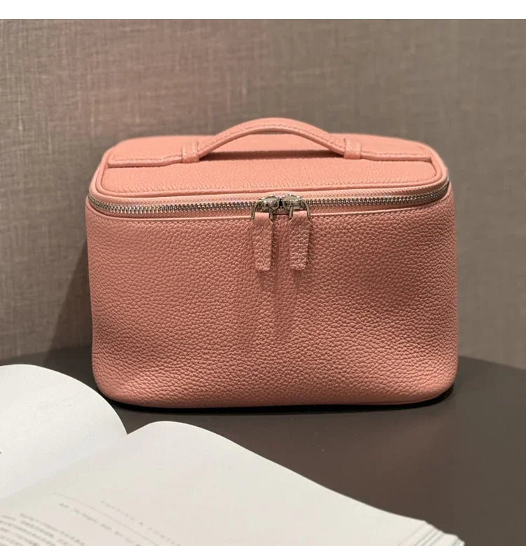Luxury Full Grain Leather Cosmetic Purse with Mirror | Makeup Organizer & Travel Cosmetic Bag with Handle | Leather Toiletry Bag for Women & Men