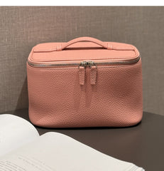 Luxury Full Grain Leather Cosmetic Purse with Mirror | Makeup Organizer & Travel Cosmetic Bag with Handle | Toiletry Case for Women & Men